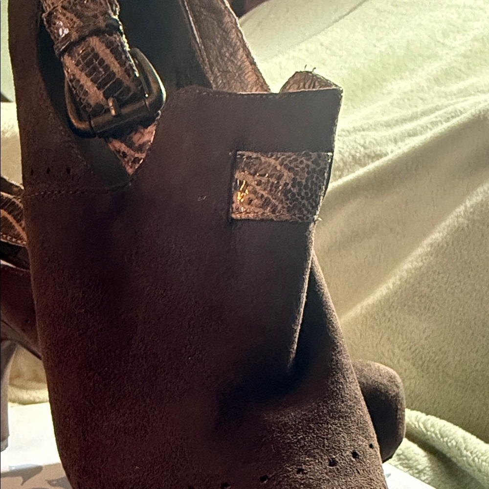 Faryl Robin: Brown Suede Slingback Heels with Snakeskin Accent